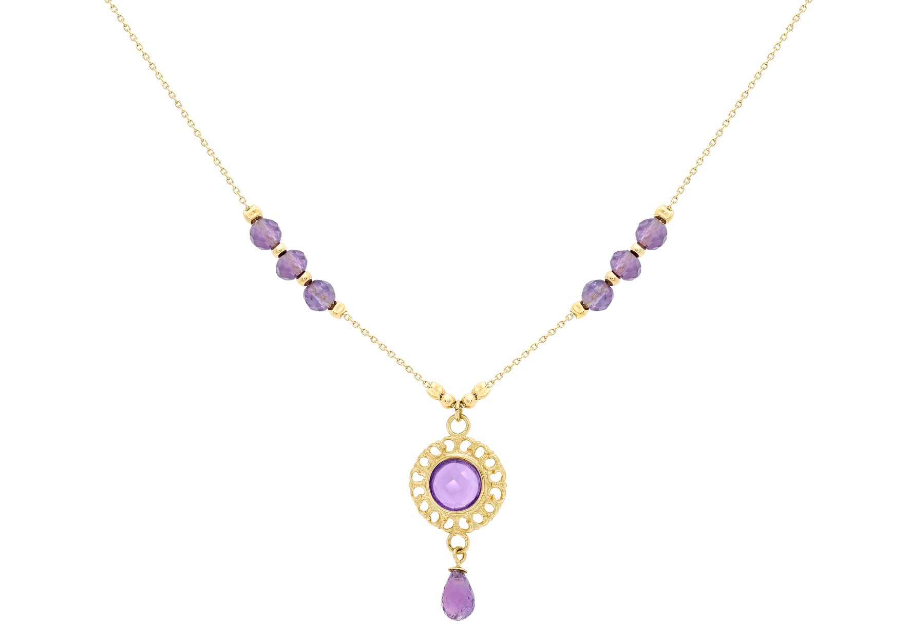 9ct Yellow Gold Amethyst Disc Drop Necklace