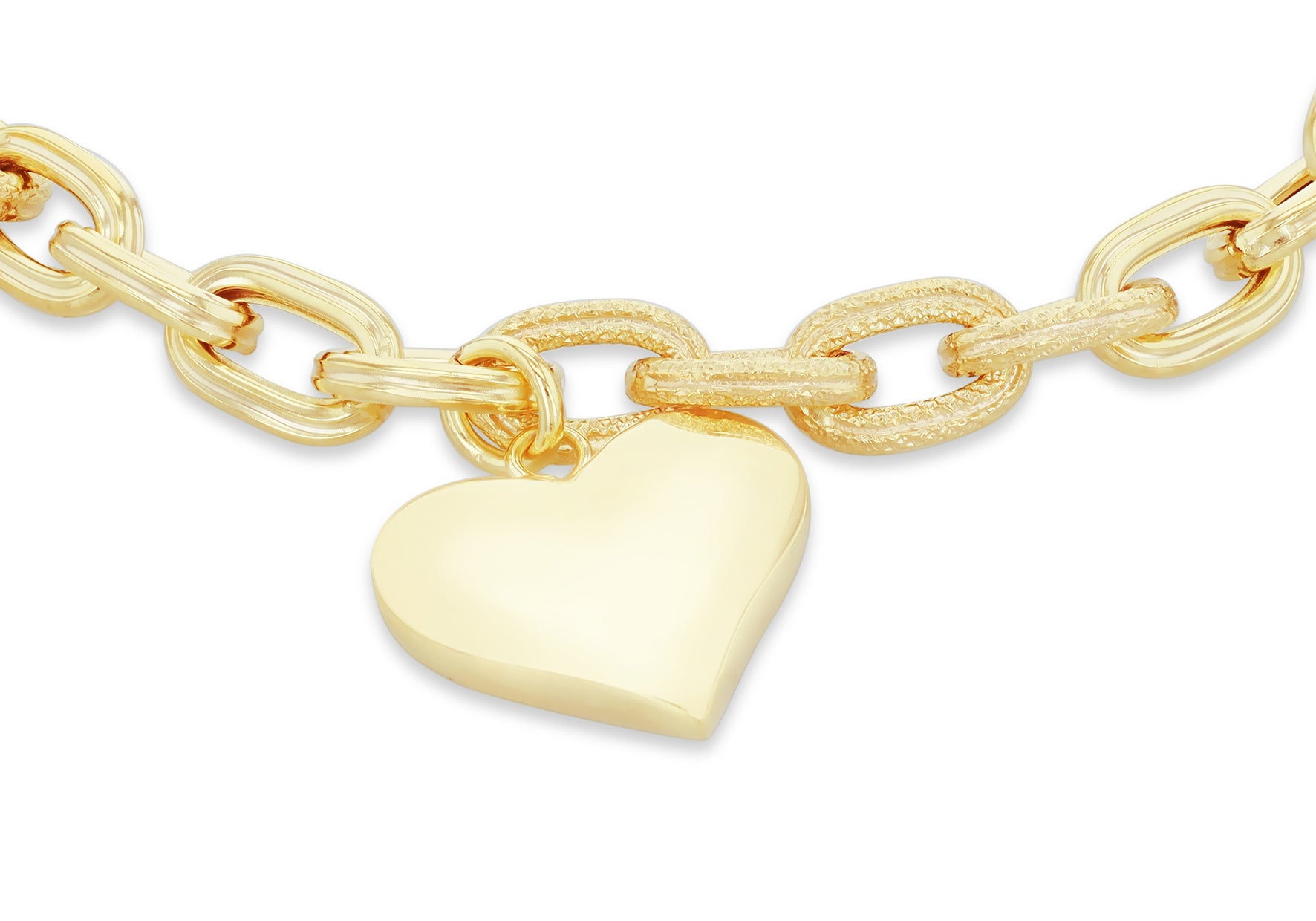 9ct Yellow Gold Heart Charm Grained Links Bracelet