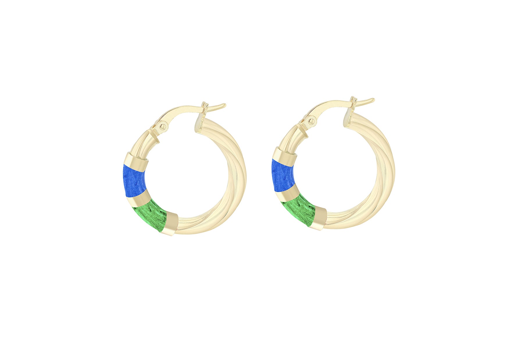 9ct Yellow Gold Blue & Green Glaze Twist Hoop Earrings