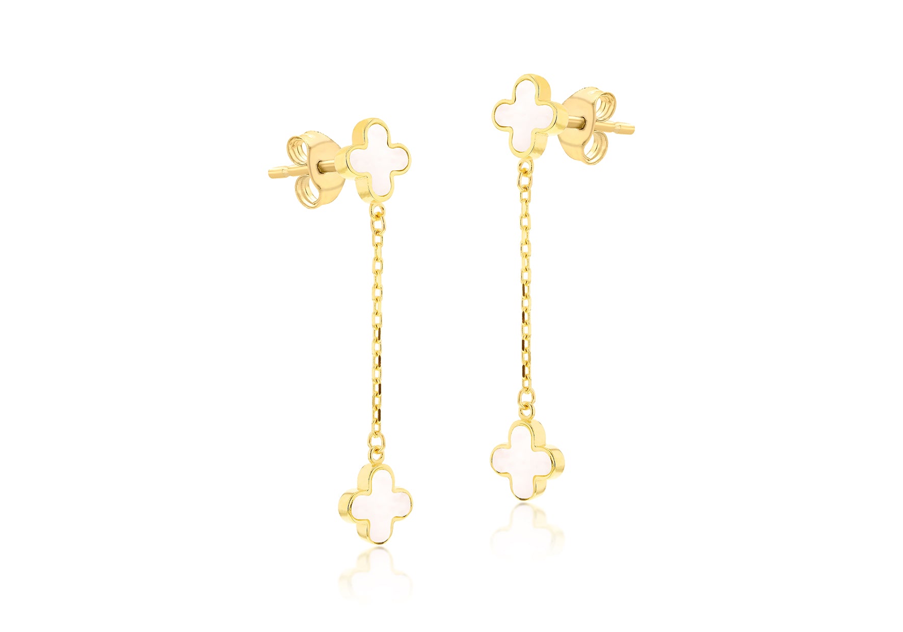 9ct Yellow Gold Mother of Pearl Clover Drop Earrings