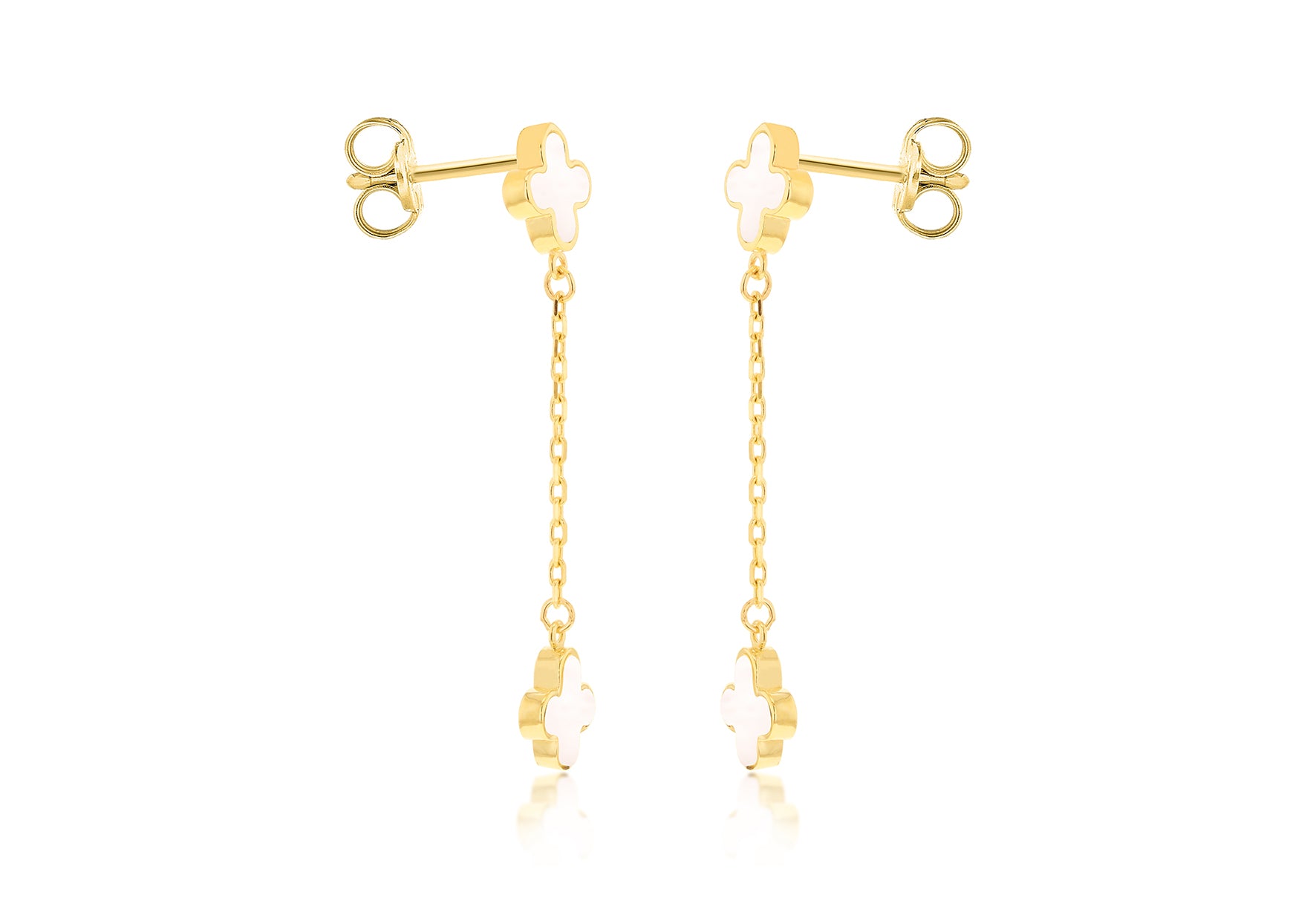 9ct Yellow Gold Mother of Pearl Clover Drop Earrings