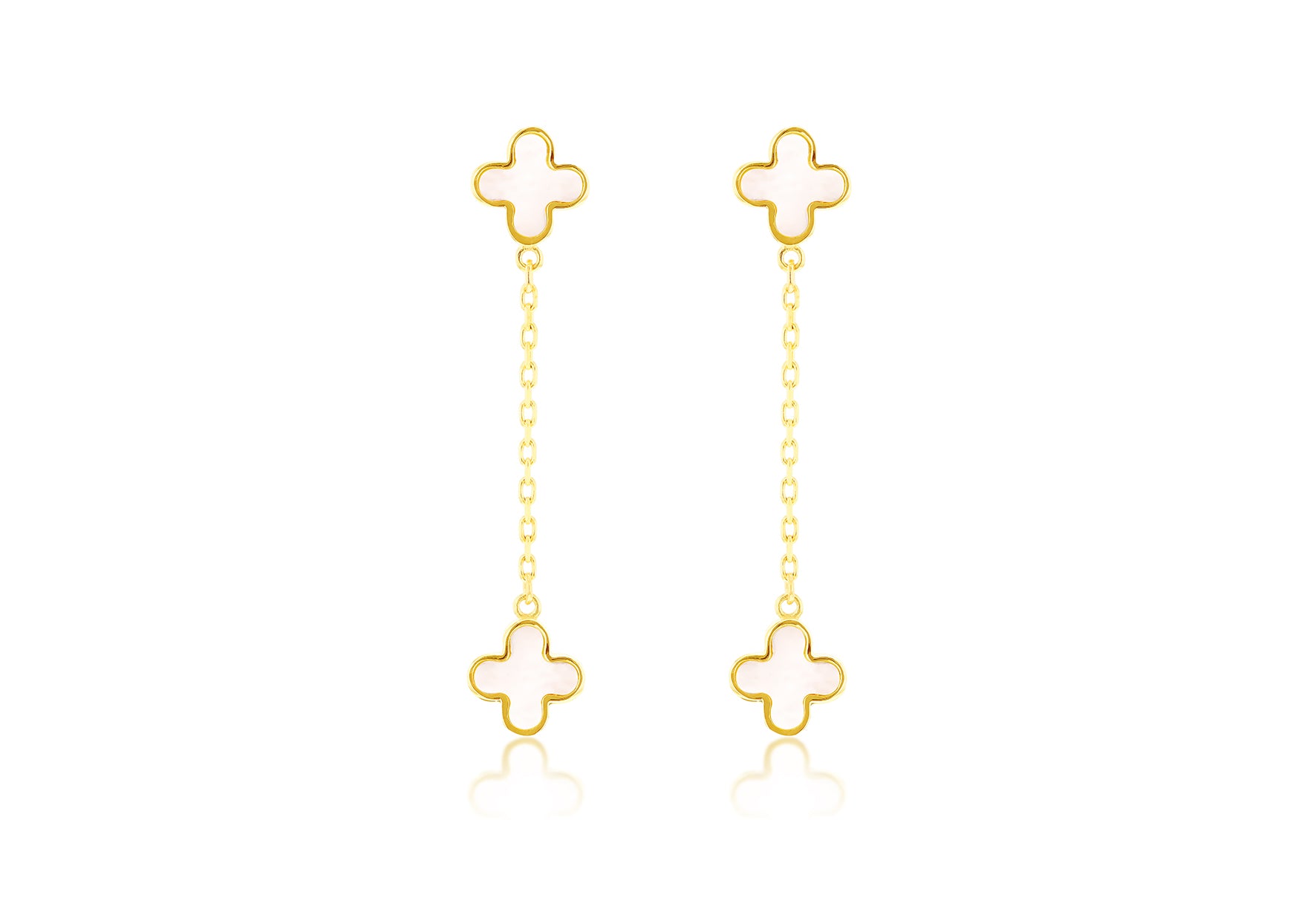 9ct Yellow Gold Mother of Pearl Clover Drop Earrings