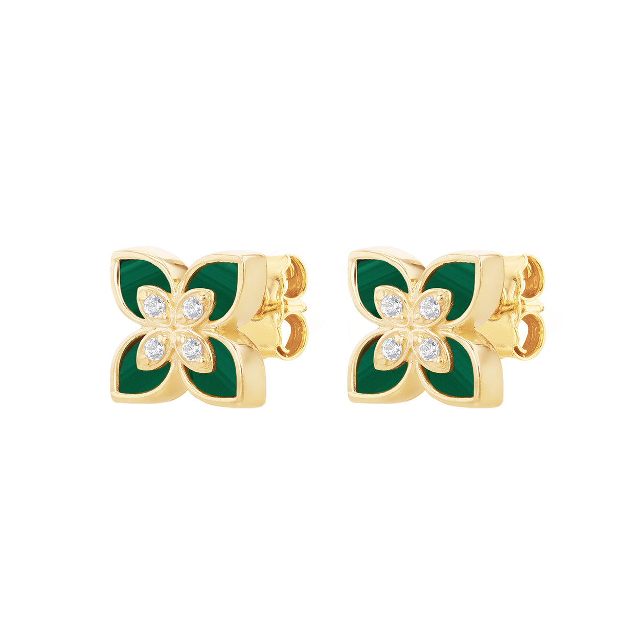 9ct Yellow Gold Malachite & Zirconia Flower Stud Earrings