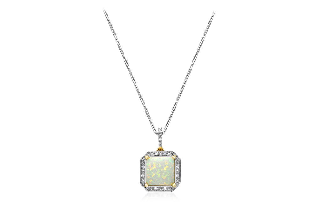 9ct Yellow Gold 0.02ct Diamond & Opal Square Halo Pendant
