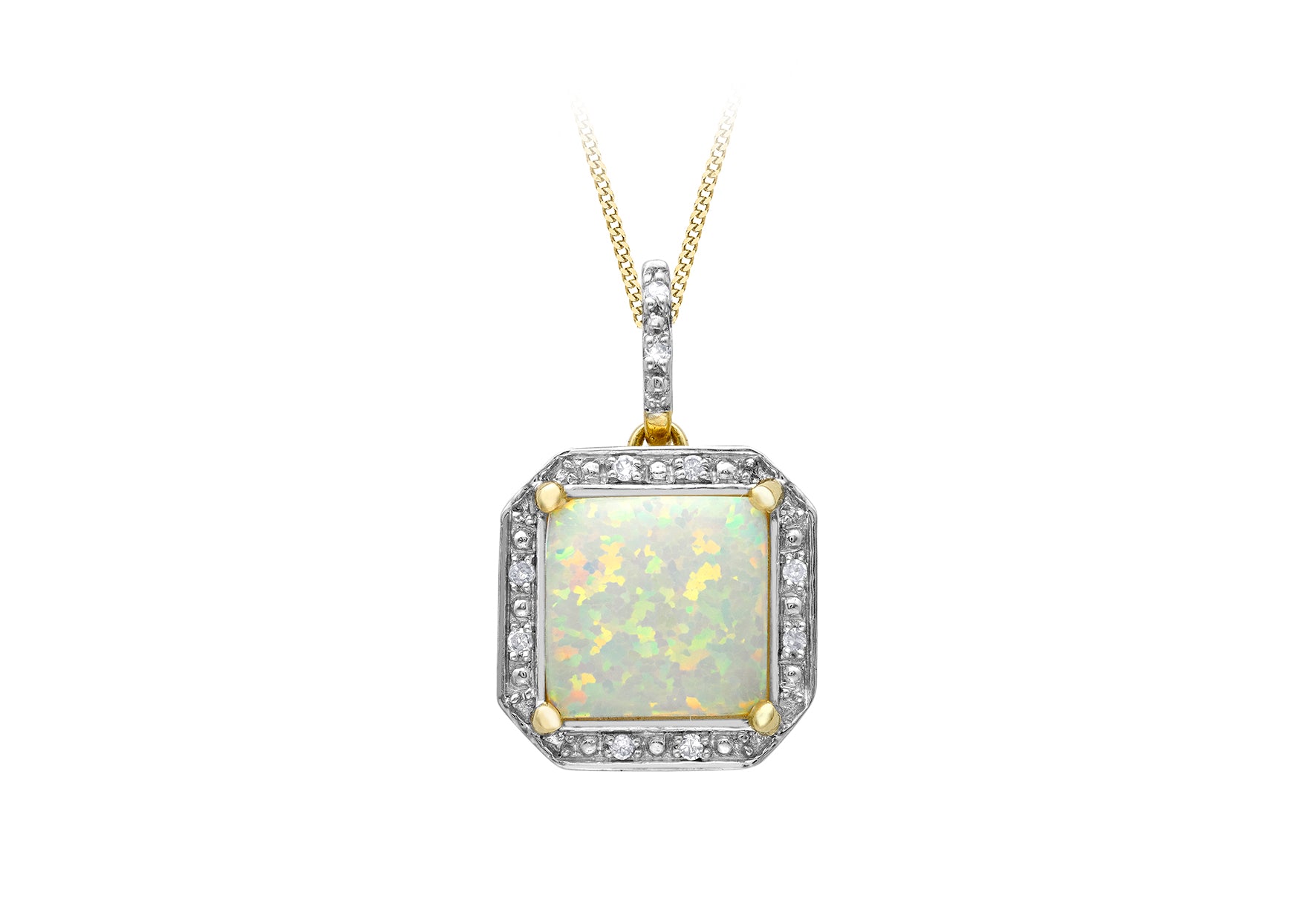9ct Yellow Gold 0.02ct Diamond & Opal Square Halo Pendant