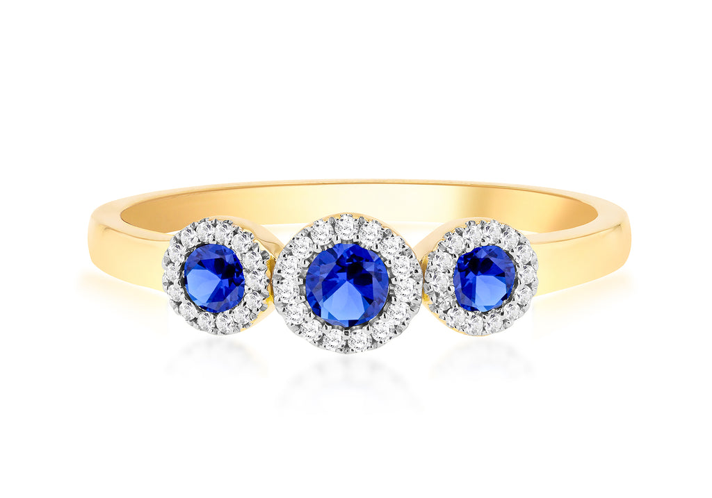 9ct Yellow Gold 0.28ct Diamond & Sapphire Halo Trinity Ring
