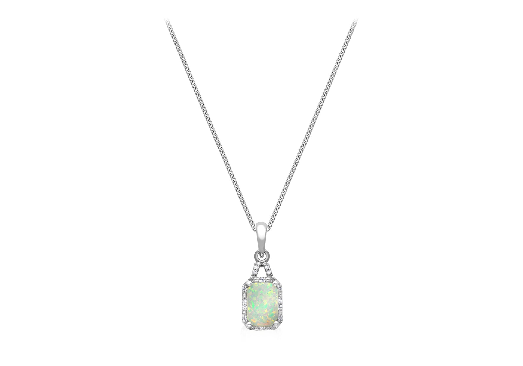 9ct White Gold 0.03ct Diamond & Opal Square Halo Pendant