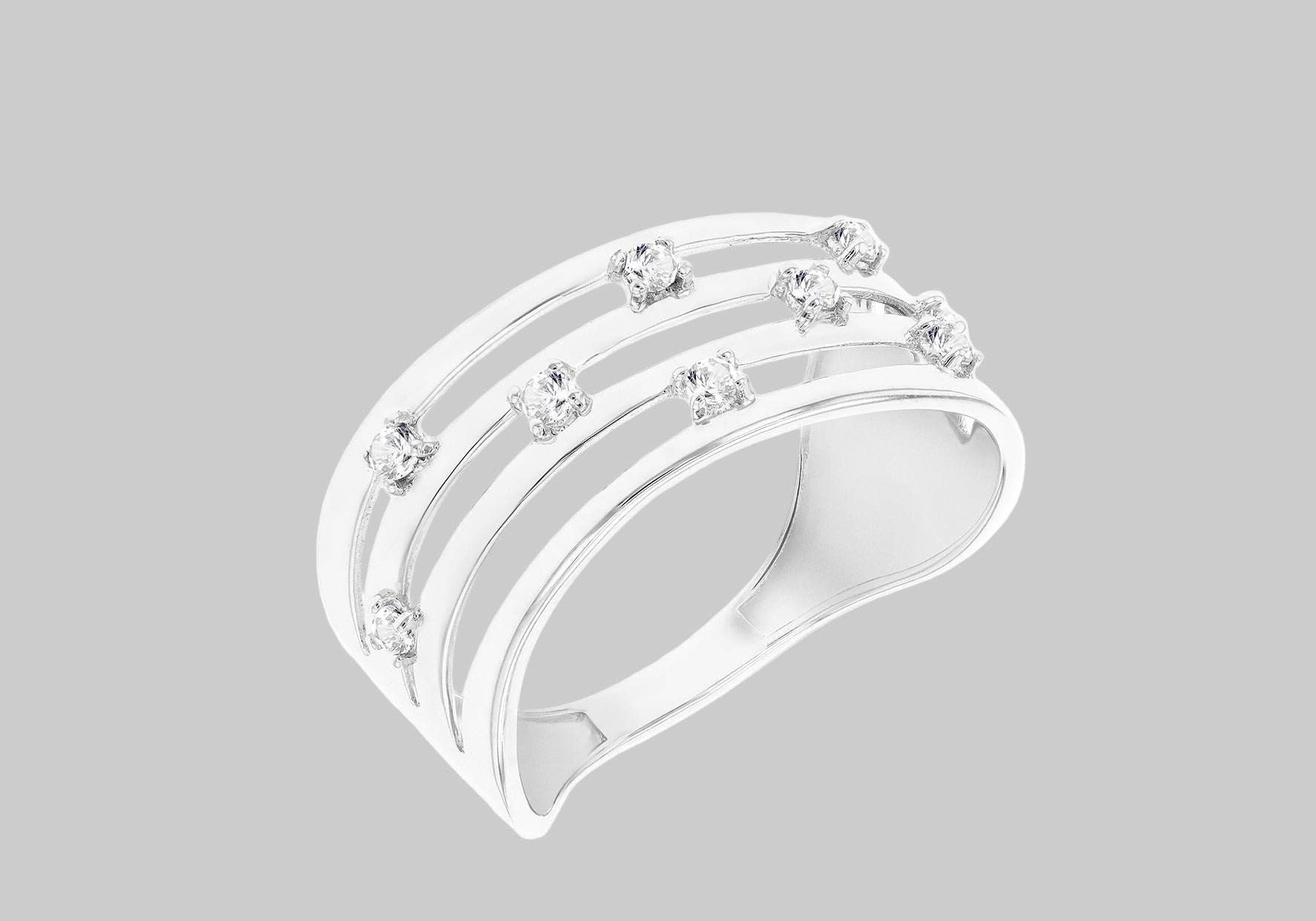 9ct White Gold Zirconia Four Row Wave Ring