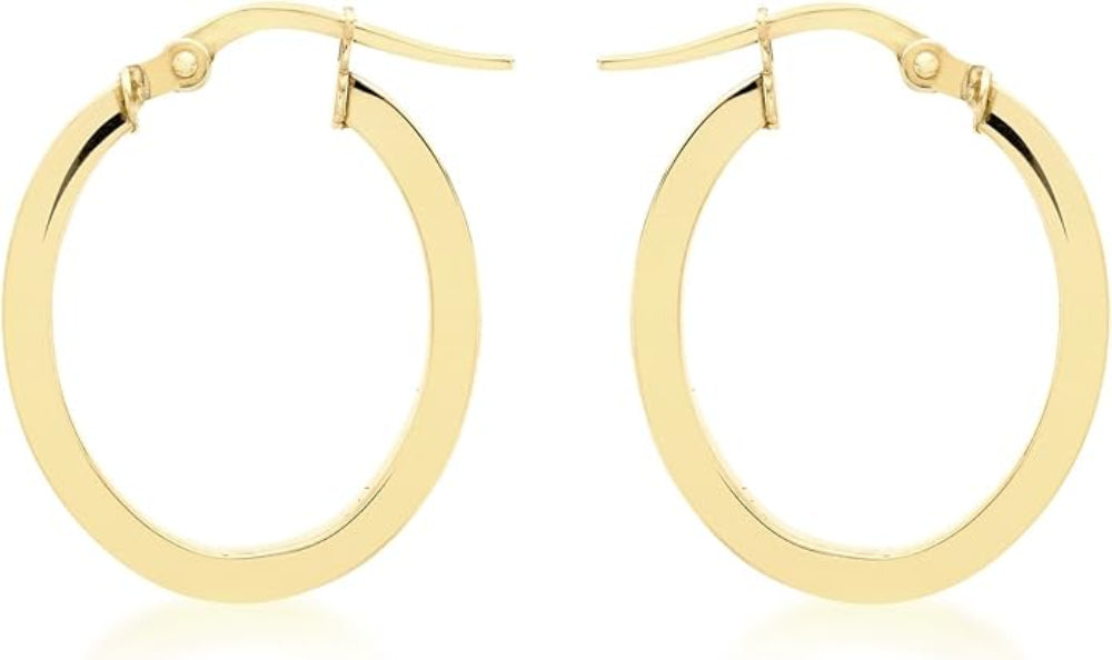 A pair of polished yellow gold hoop earrings with fishhook backings, shown on a clean white background.