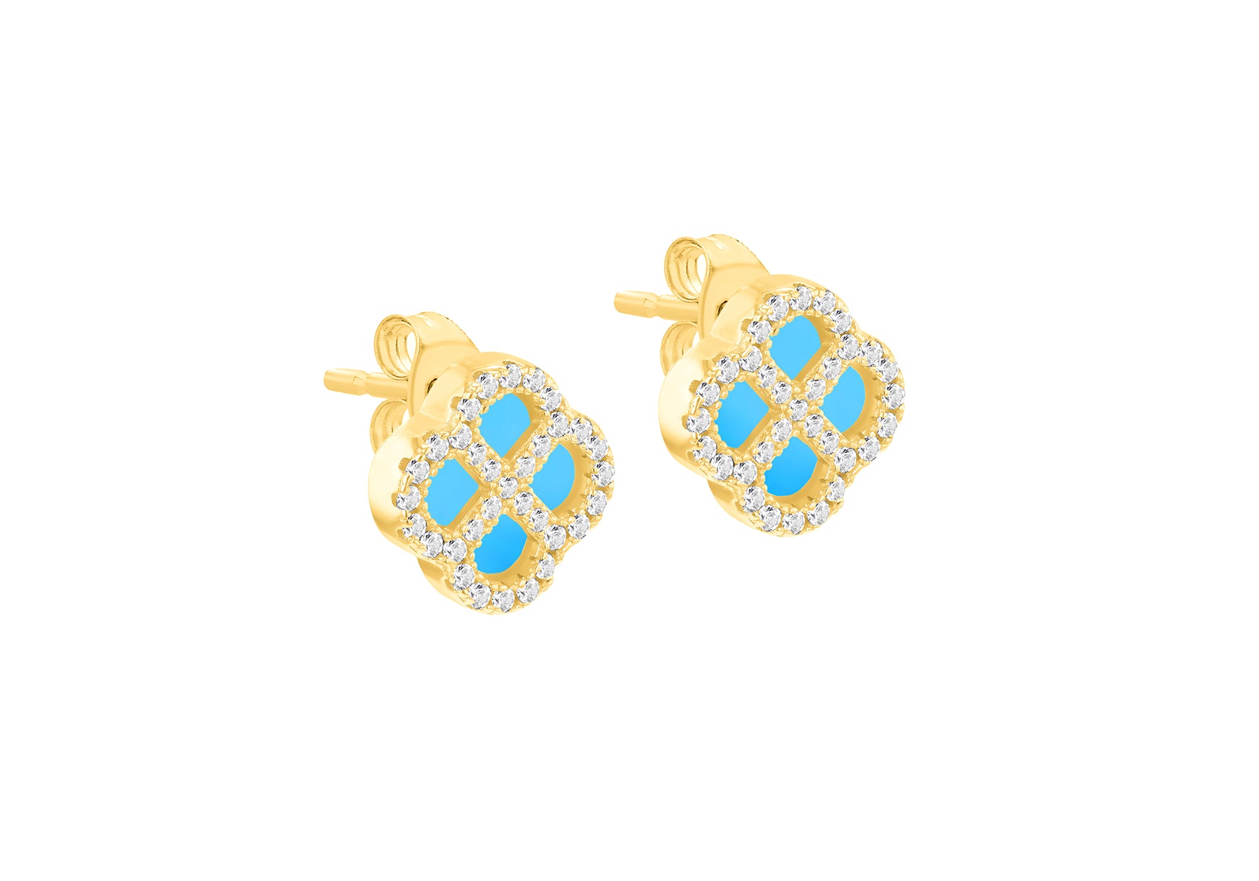 Gold Plated Silver Turquoise Clover & White Zirconia Stud Earrings