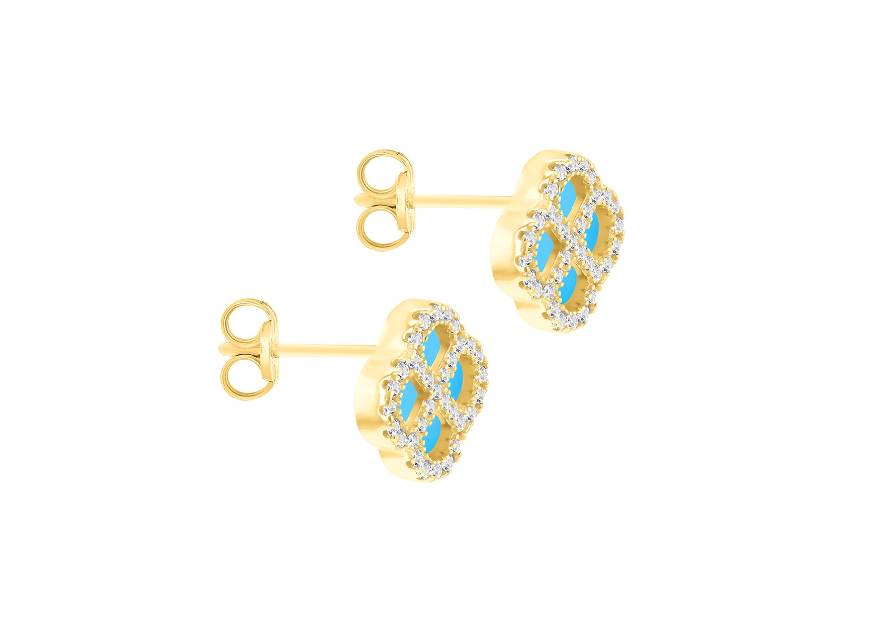 Gold Plated Silver Turquoise Clover & White Zirconia Stud Earrings