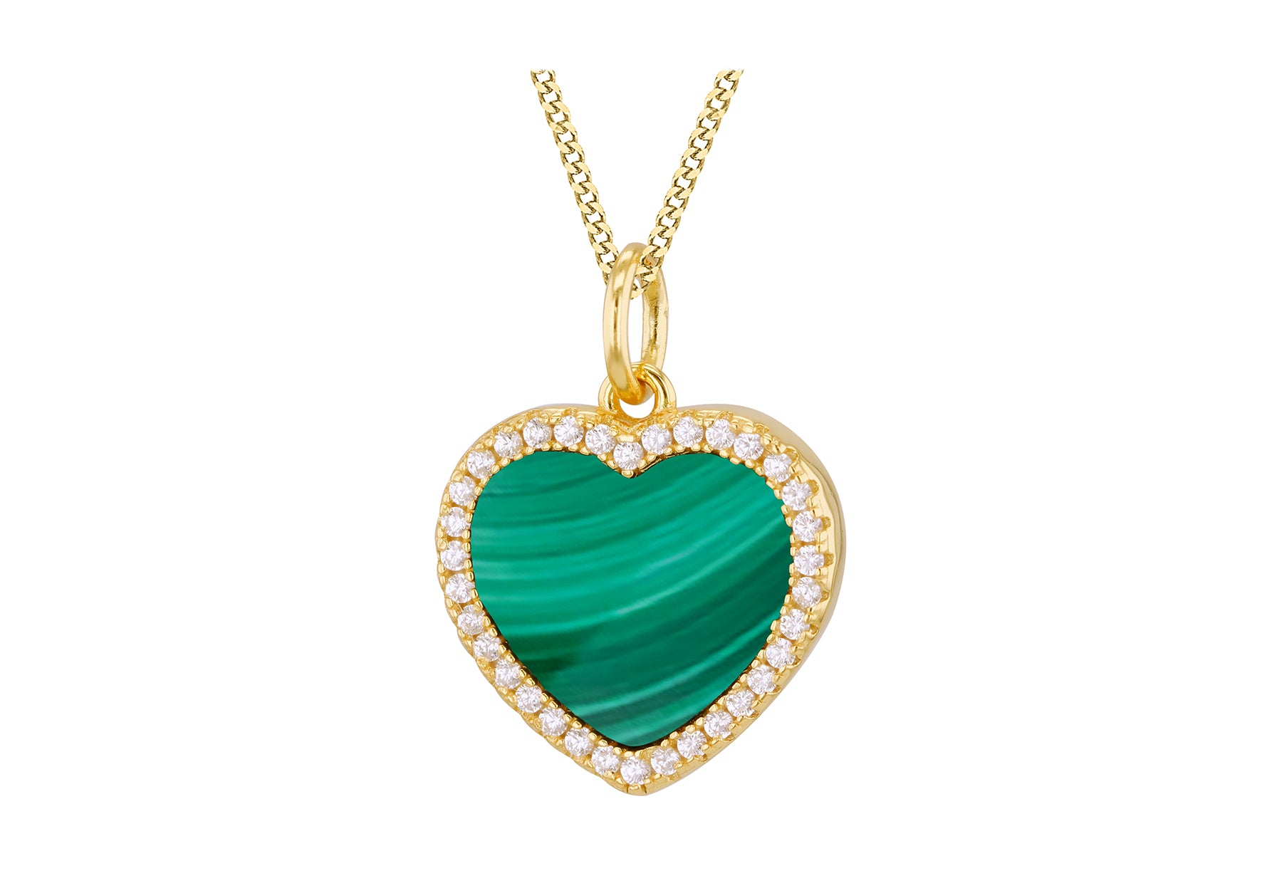 Gold Plated Sterling Silver Heart Malachite & White Zirconia Pendant