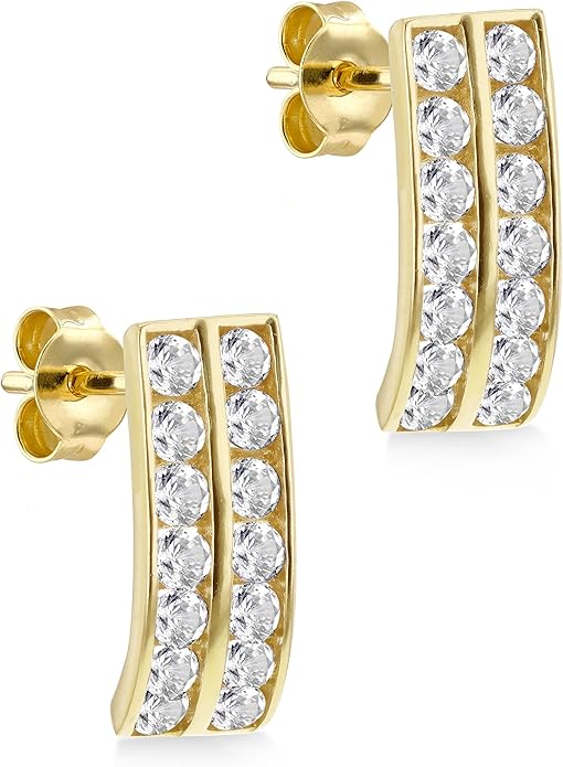 9ct Yellow Gold Double Row Zirconia Bar Stud Earrings