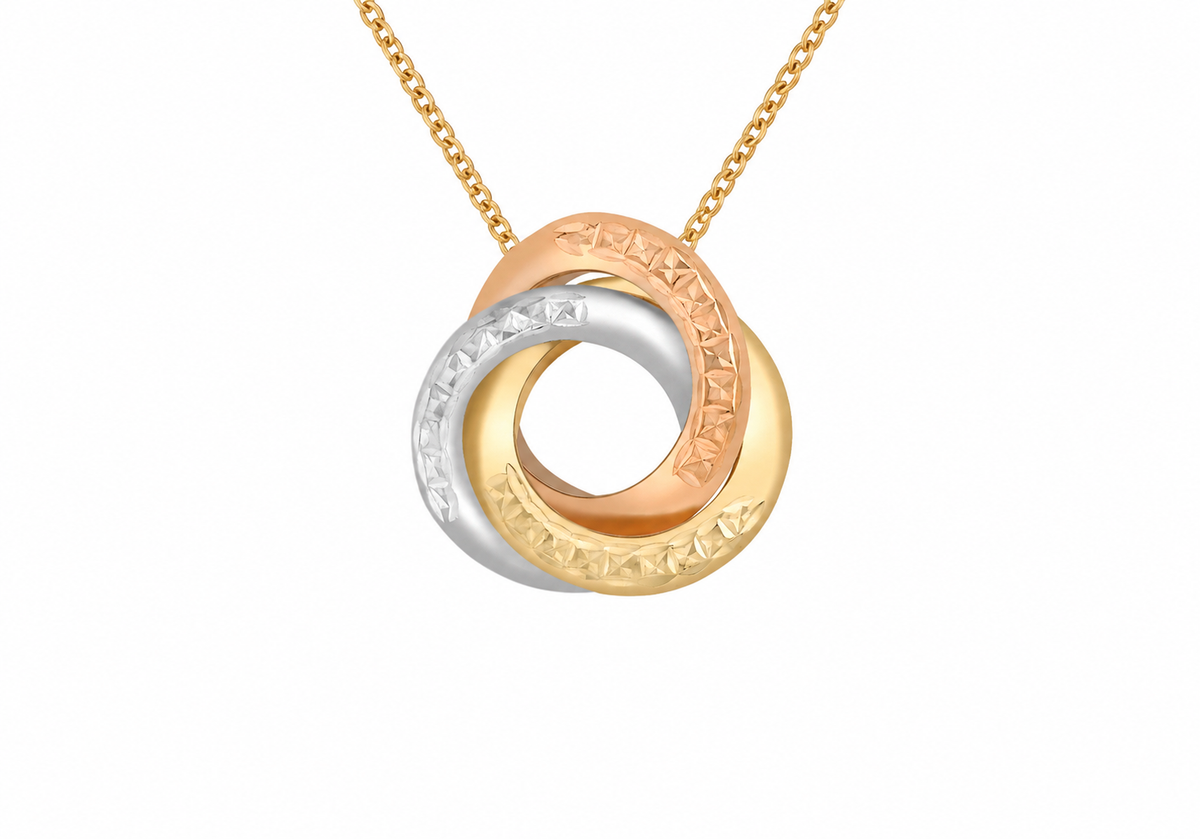 9ct 3-Tone Gold Diamond Cut Interlocked Rings Pendant