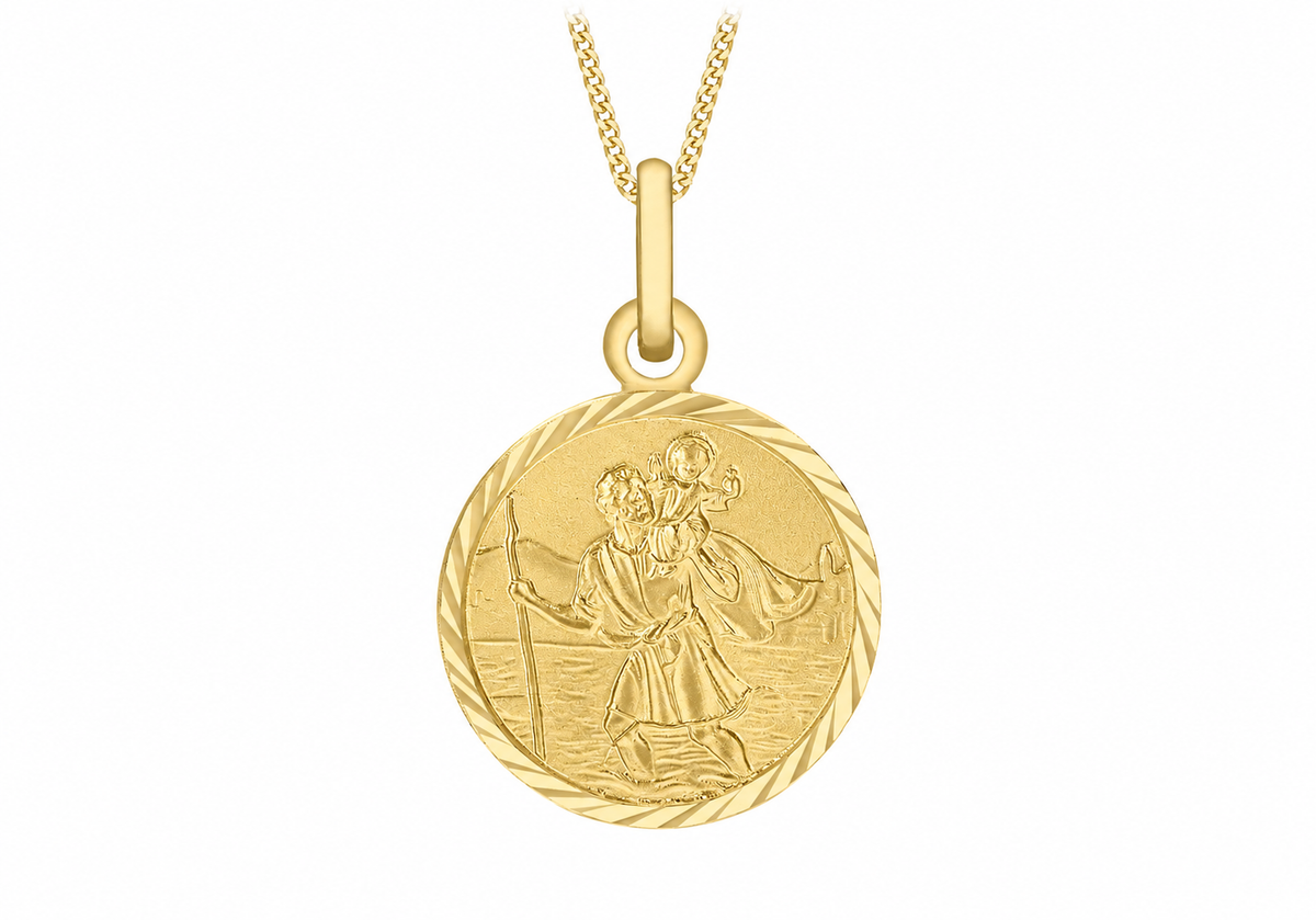 9ct Gold Diamond-Cut Edge St Christopher Medal Pendant Necklace