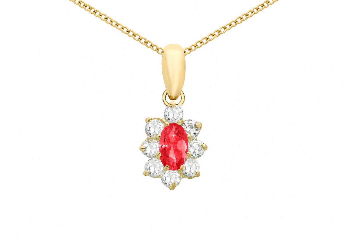 9ct Gold Red Stone and White Zirconia Marguerite Cluster Pendant Necklace