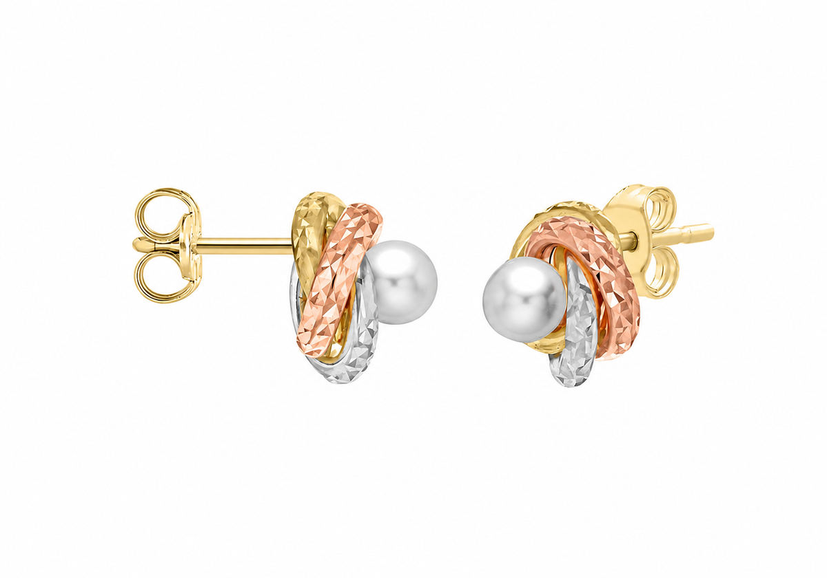 9ct Tri-Colour Gold Orielle Pearl Knot Stud Earrings