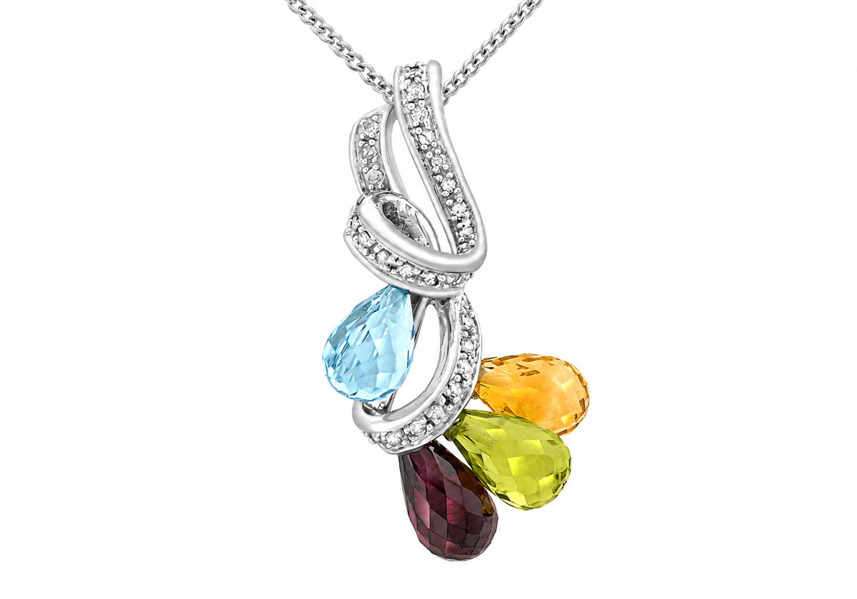 9ct White Gold 0.15ct Diamond, Topaz, Citrine, Peridot & Garnet Gemstone Pendant