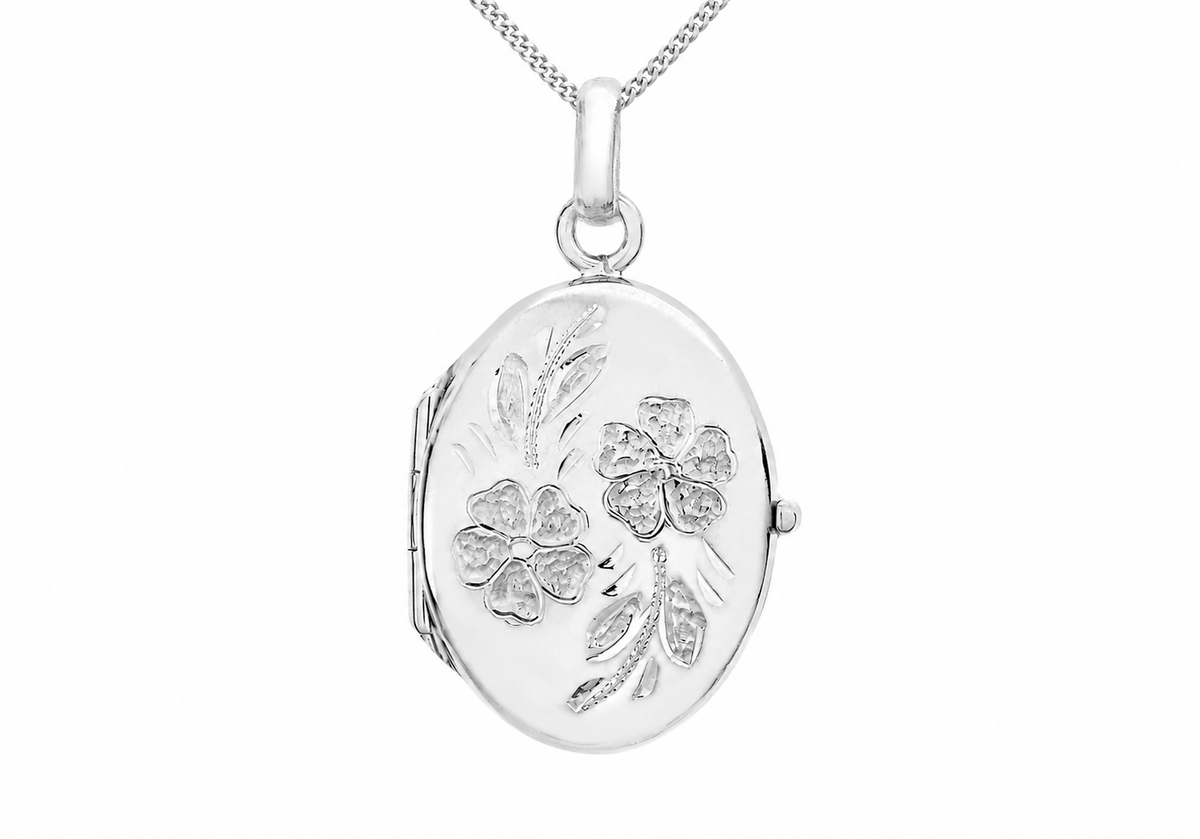 9ct White Gold Daisy Detail Oval Locket