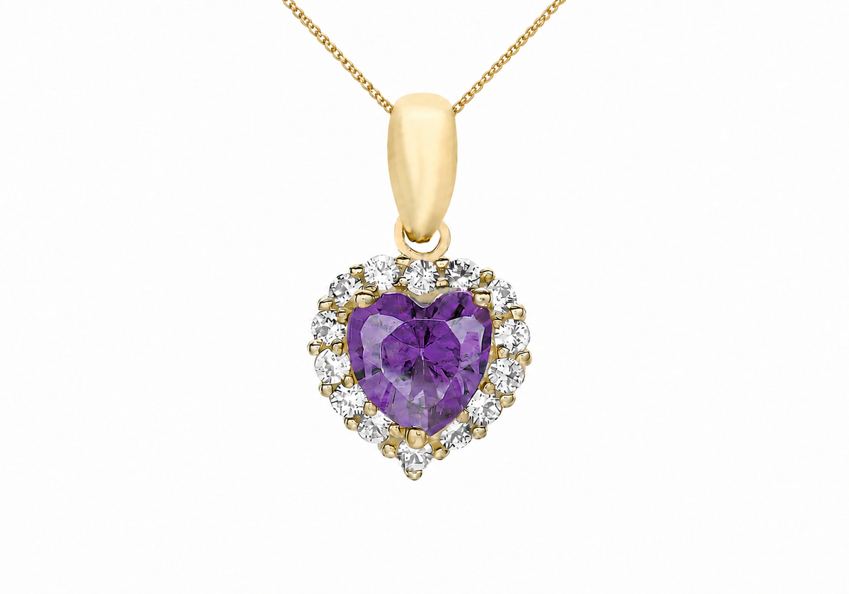 9ct Yellow Gold Amethyst Zirconia Halo Heart Pendant