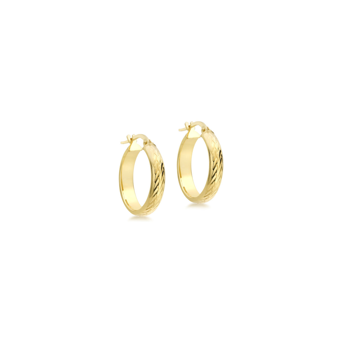 A pair of gold hoop earrings with a textured, rope-like twisted pattern on the outer surface, shown on a plain white background.