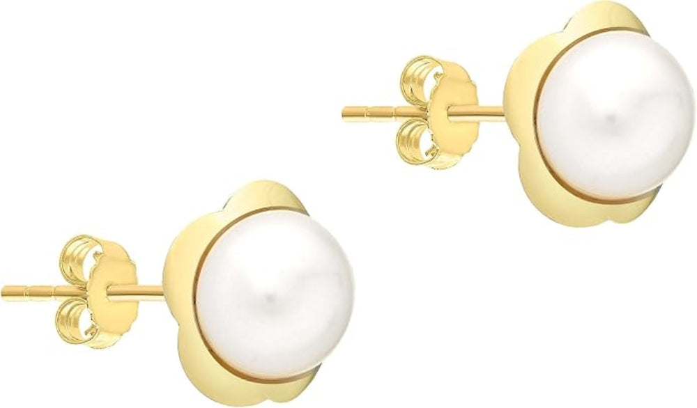 9ct Yellow Gold Flower and Pearl Stud Earrings