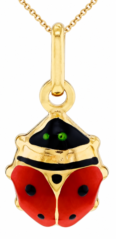A gold ladybug pendant necklace with red and black enamel details, shown on a white background.