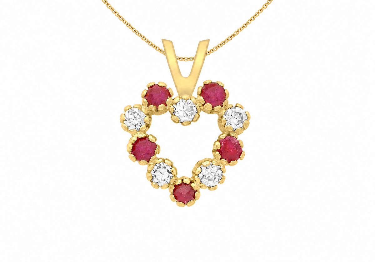 9ct Yellow Gold White & Red Zirconia Heart Pendant