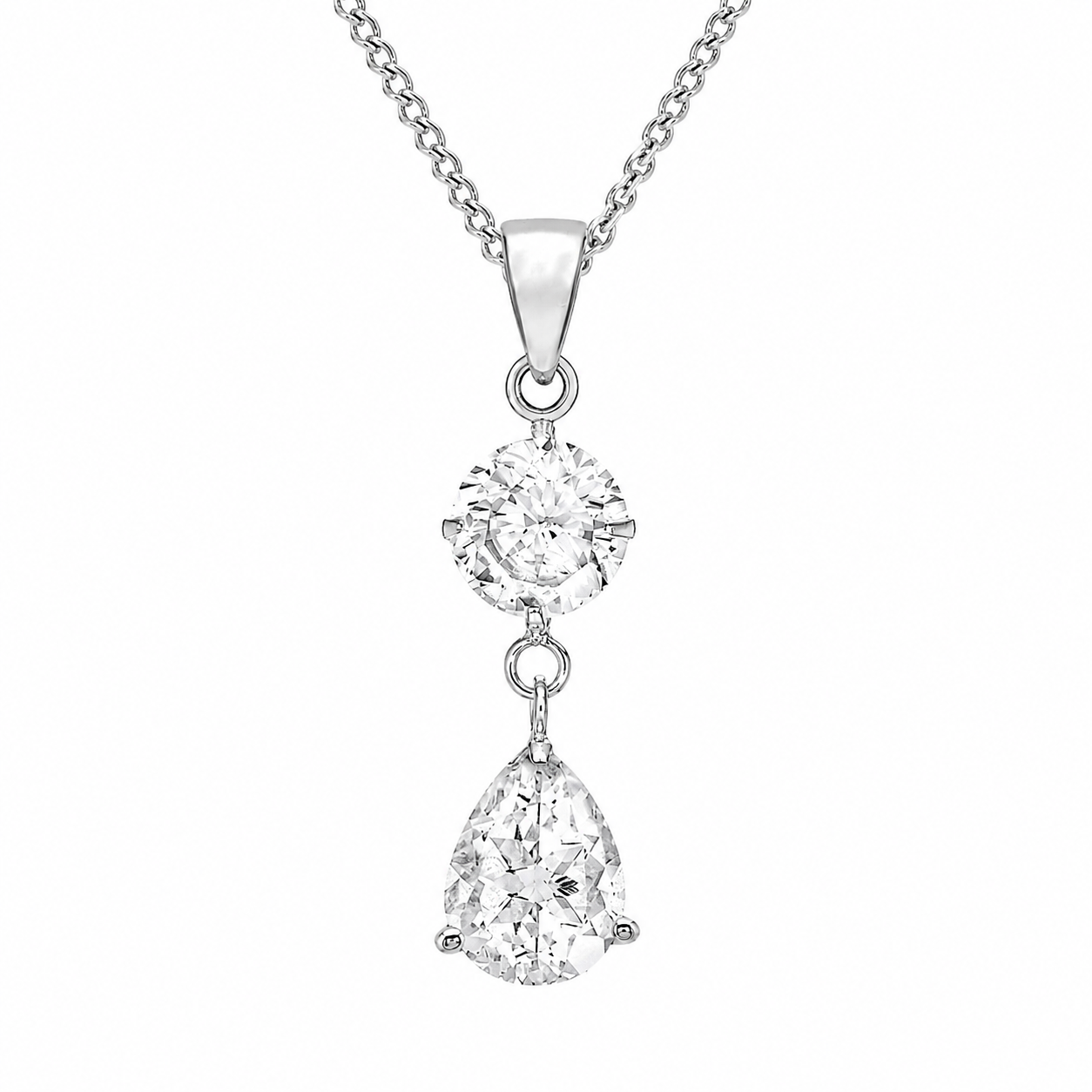 Sterling Silver Round & Pear Zirconia Drop Pendant