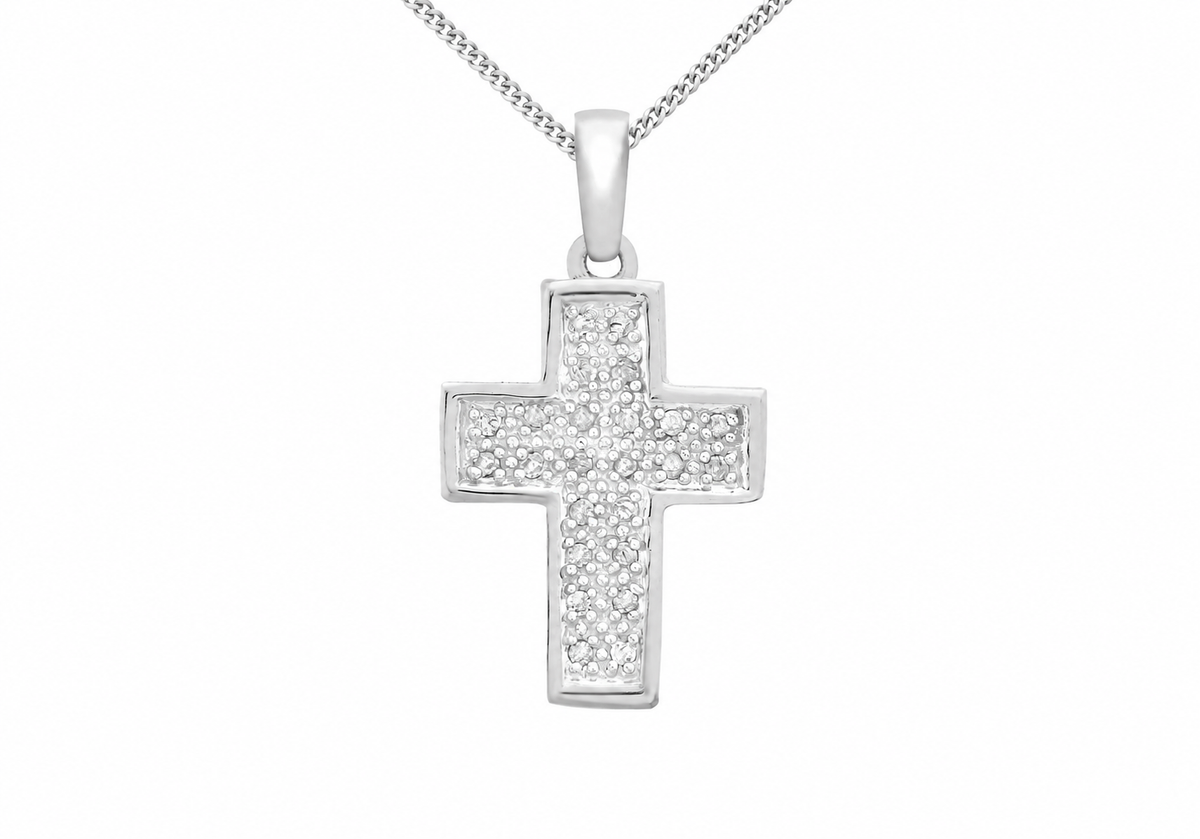 9ct White Gold 0.15ct Diamond Cross Pendant