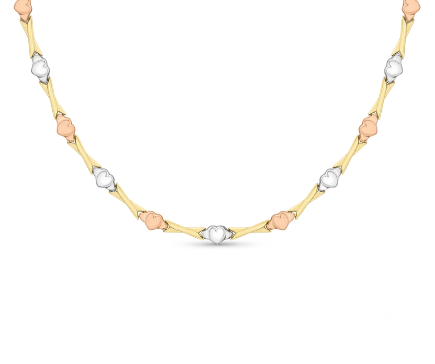 9ct 3-Tone Gold Hearts & Kisses Station Necklace