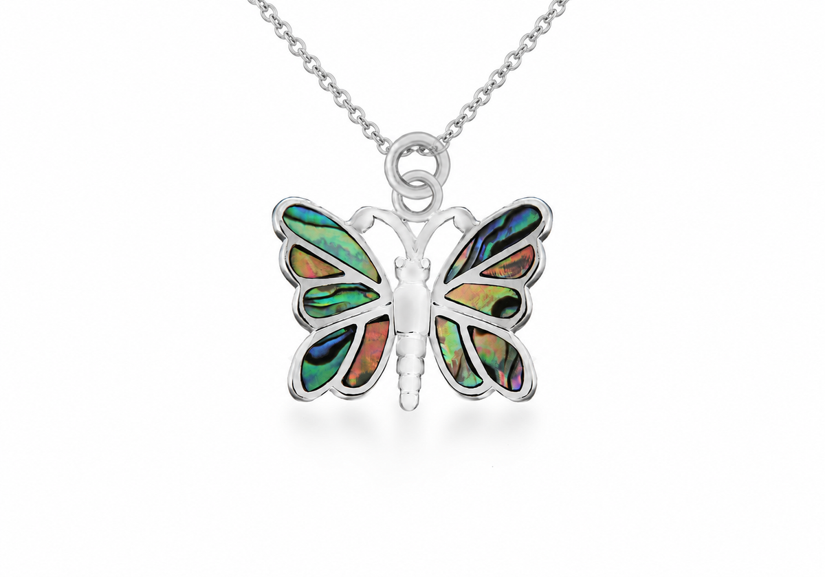 A silver butterfly pendant necklace featuring iridescent abalone shell inlay on the wings, shown on a clean white background.