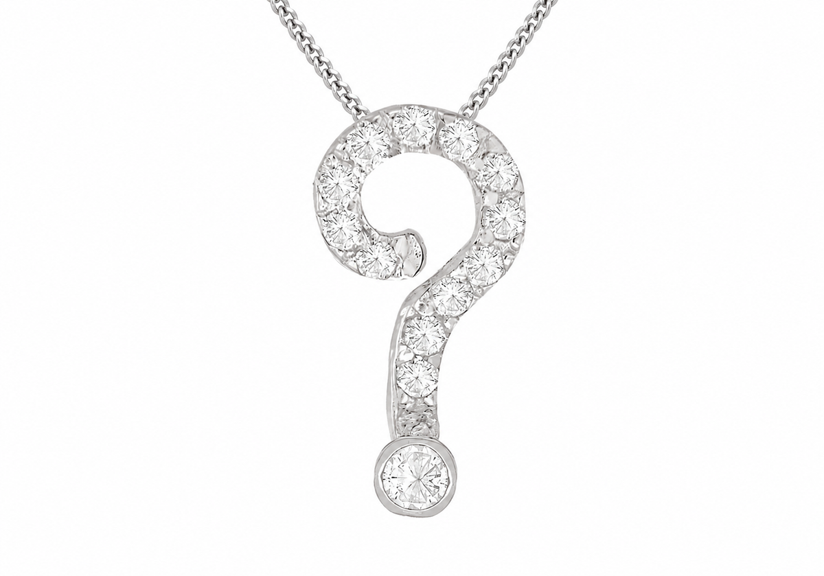 silver-tone question mark pendant necklace paved with clear round-cut gemstones, hanging from a matching chain against a plain white background.