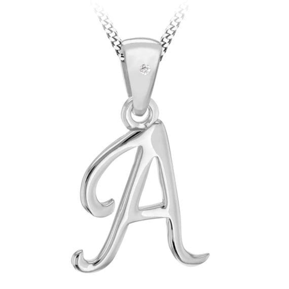 Sterling Silver Rhodium Plated 0.005ct Diamond Initial Pendant
