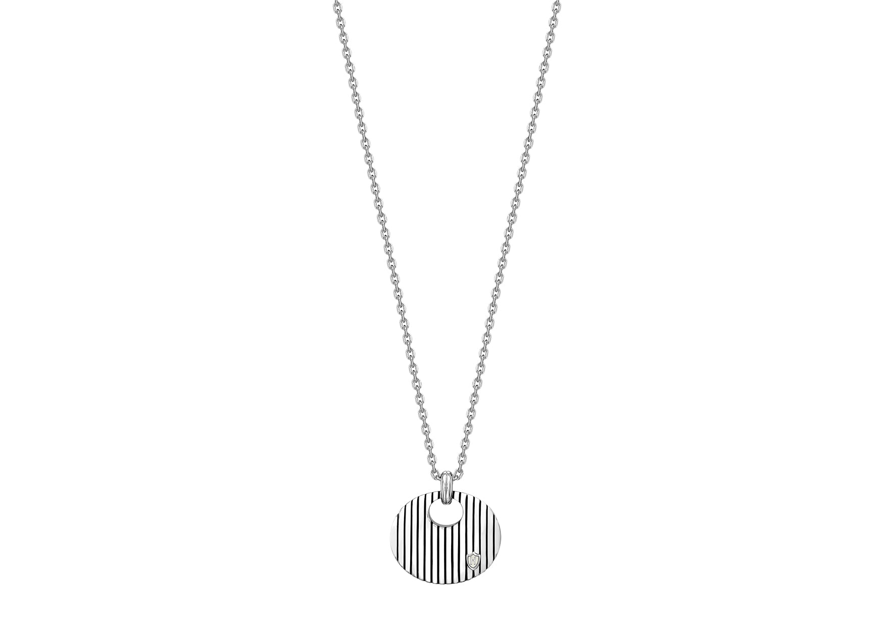 Hoxton London Men's Sterling Silver Striped Round Pendant Adjustable Necklace