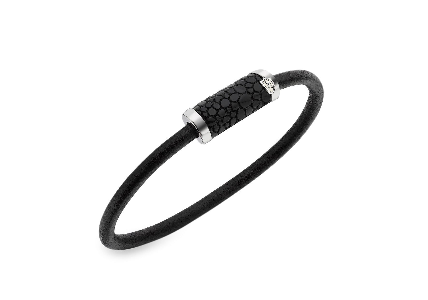 Hoxton London Men's Sterling Silver Black Leather Inlay Silver Magnetic lasp Bracelet