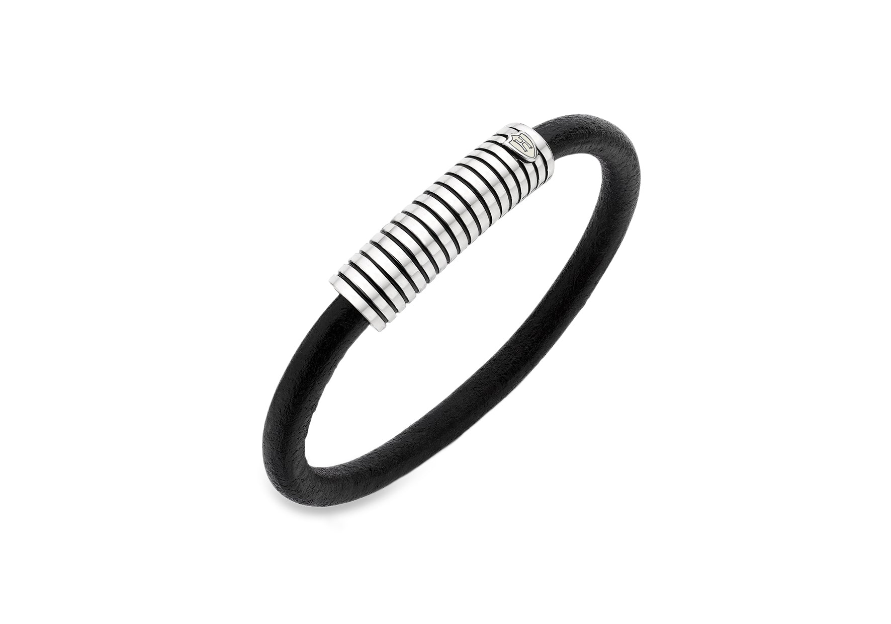 Hoxton London Men's Sterling Silver Stripe Leather Silver Magnetic Bracelet