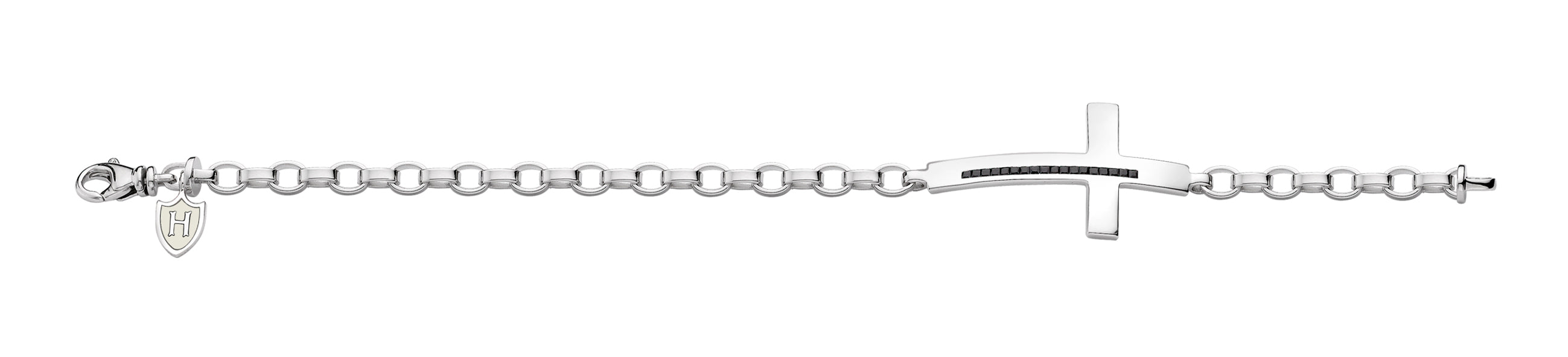 Hoxton London Men's Sterling Silver Stone Black Zirconia Cross Adjustable Bracelet
