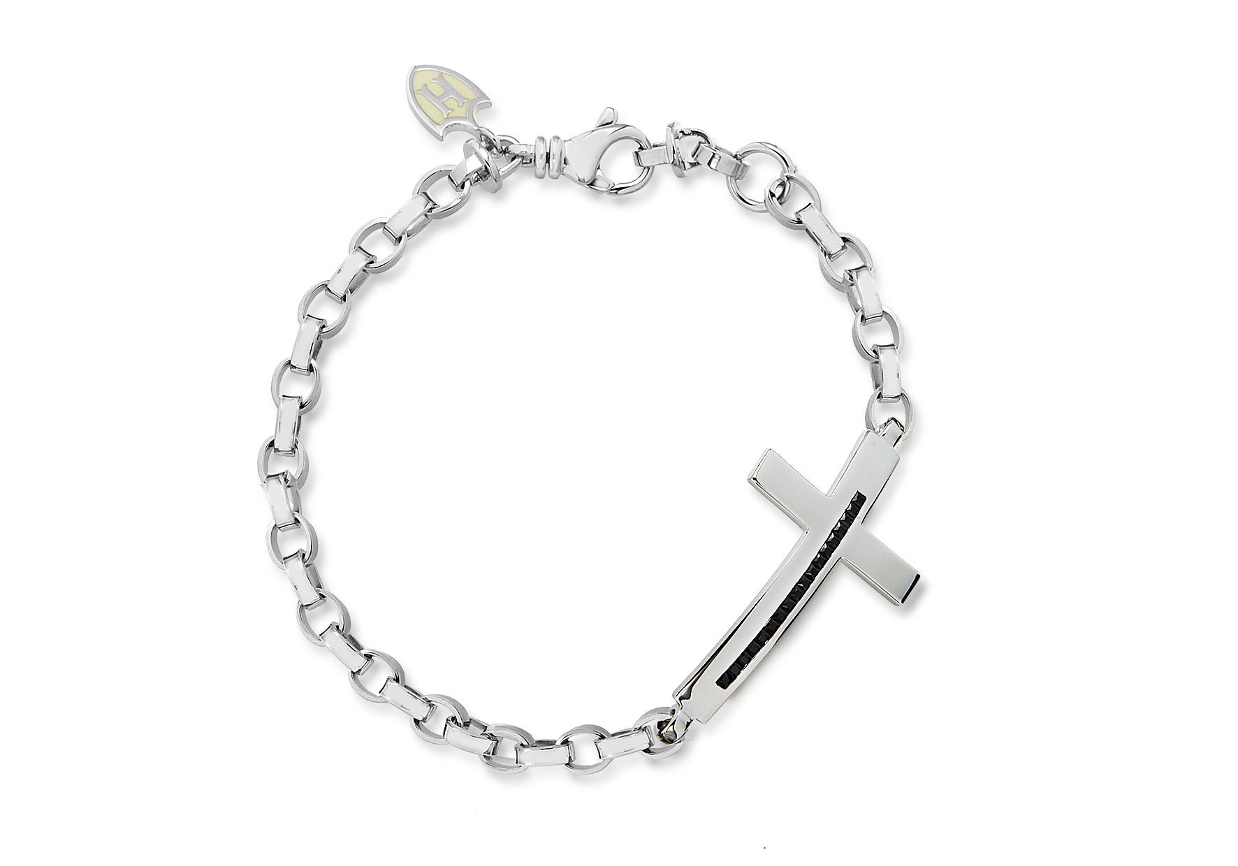 Hoxton London Men's Sterling Silver Stone Black Zirconia Cross Adjustable Bracelet