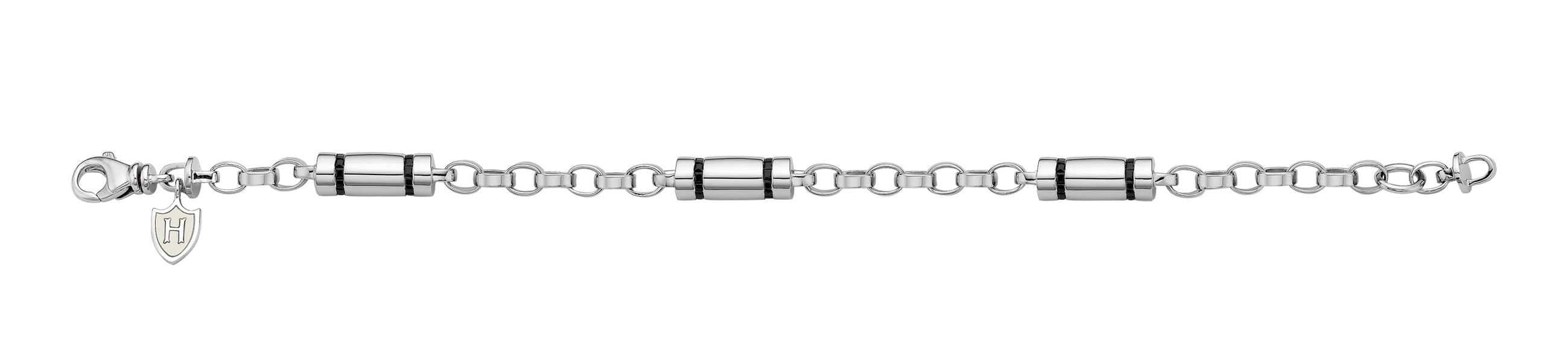 Hoxton London Men's Sterling Silver Stone Black Zirconia ylindrial Link Bracelet
