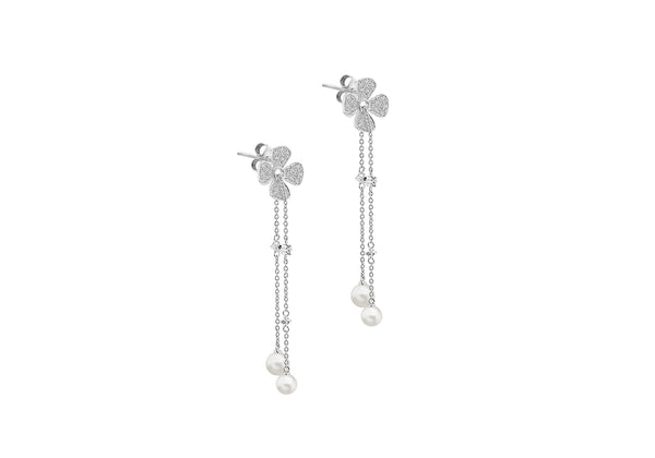 18ct White Gold 0.31ct Diamonds and Pearls Blossom Chain Earrings