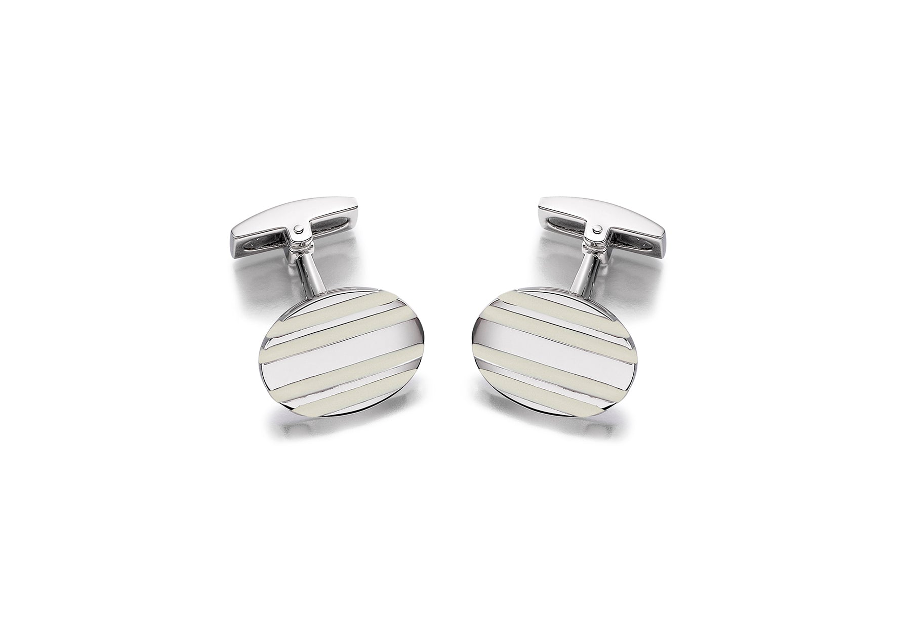 Hoxton London Men's Sterling Silver White Stripe Enamel Oval Cufflinks