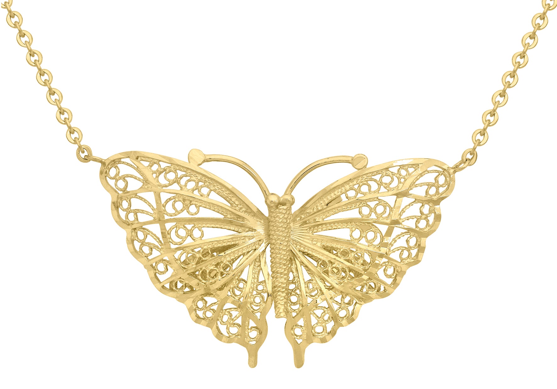 9ct Yellow Gold Diamond Cut Filigree Butterfly Pendant Chain Necklace