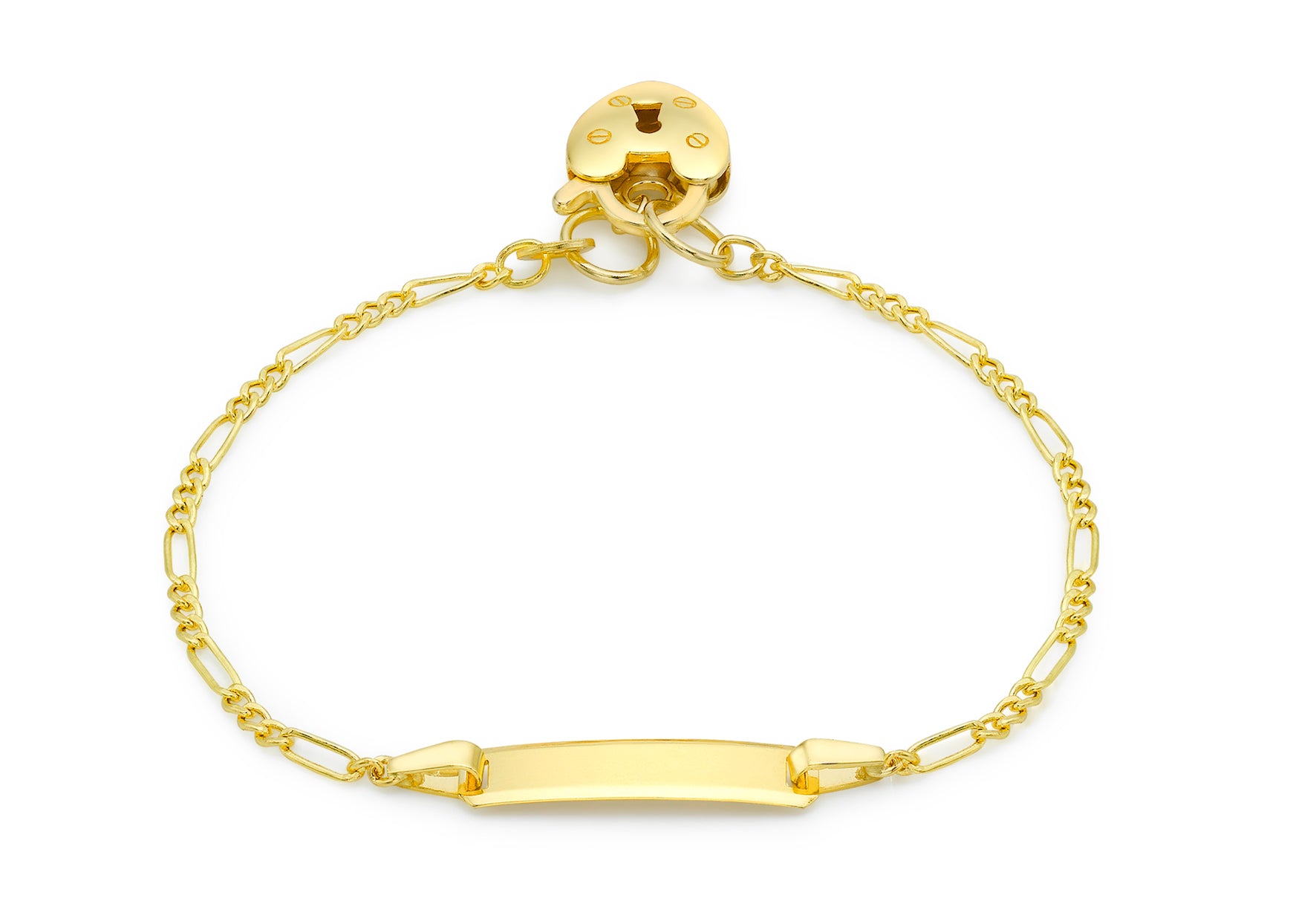 9ct Yellow Gold Hollow Figaro Heart Padlock ID Bracelet