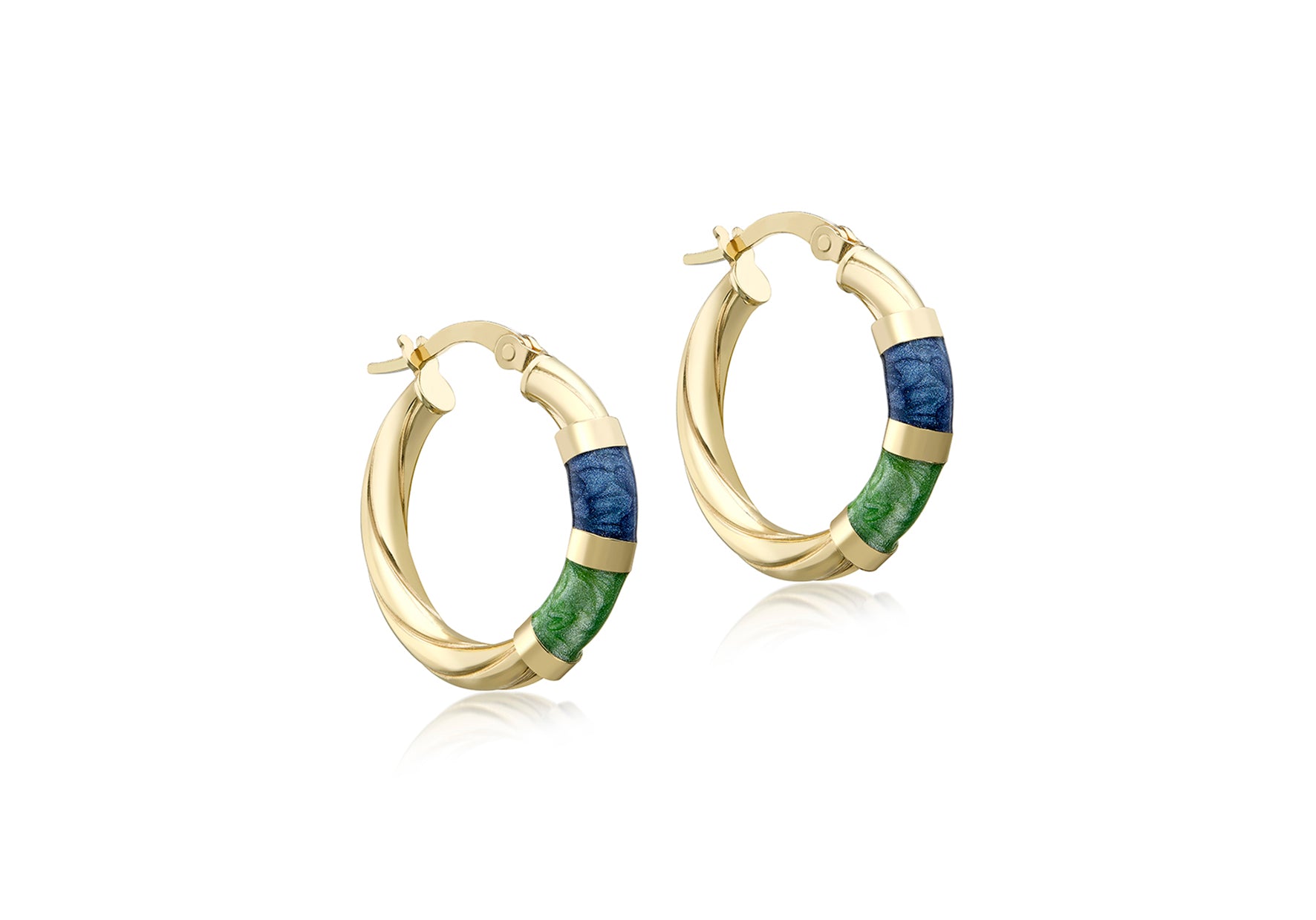 9ct Yellow Gold Blue & Green Glaze Twist Hoop Earrings