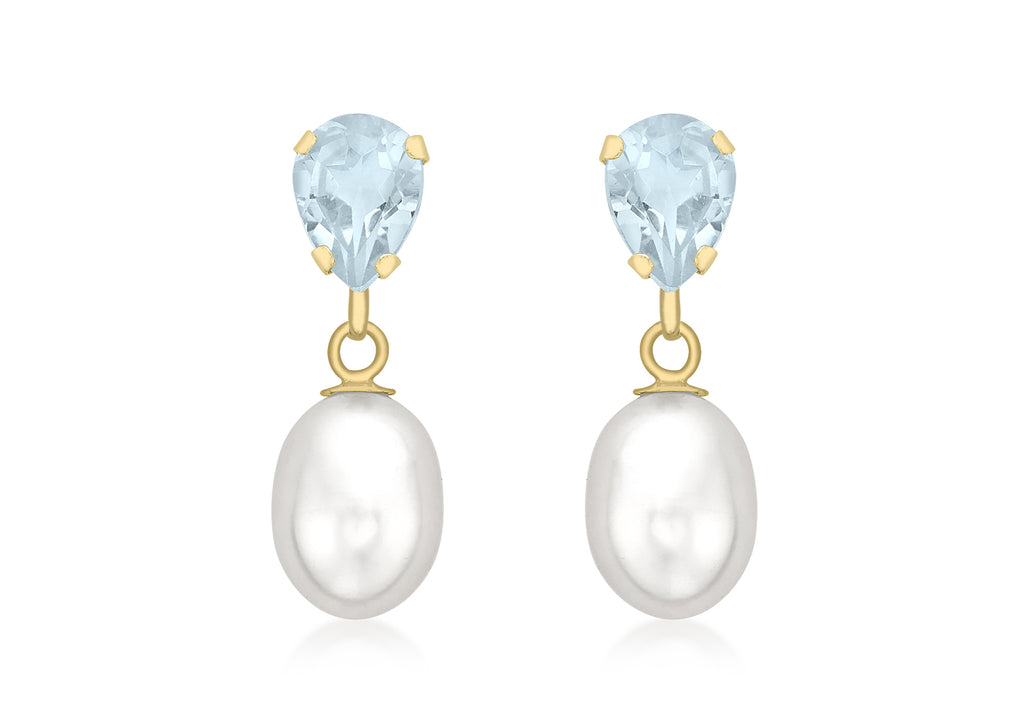 9ct Yellow Gold Blue Topaz and Pearl Teardrop Earrings