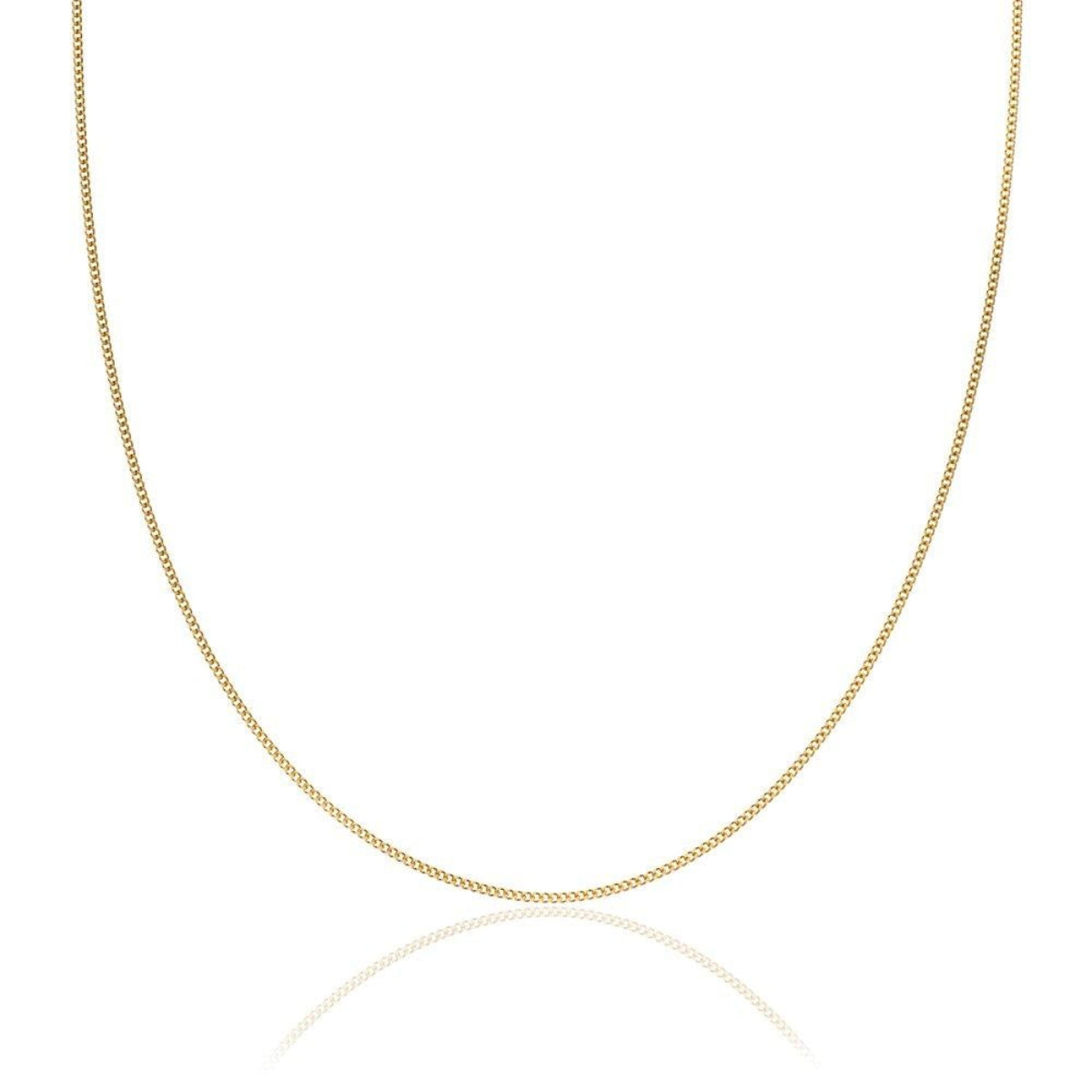 A delicate yellow gold chain necklace displayed in a U-shape against a solid white background, with a faint reflection visible below.