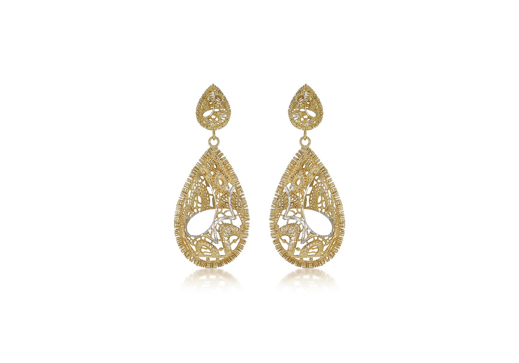 9ct 2-Tone Gold 19.6mm x 47.5mm Diamond Cut Lace-Style Teardrop Earrings