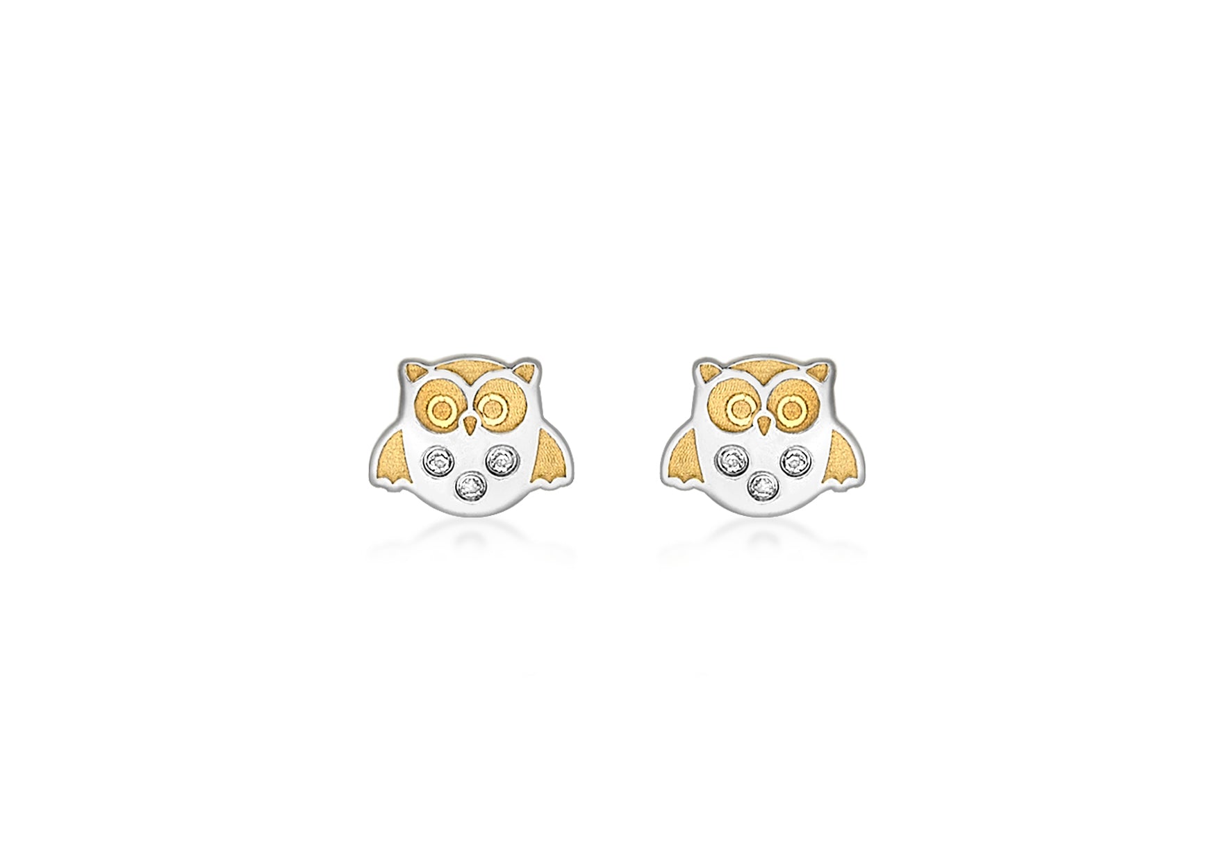 9ct 2-Colour Gold Zirconia  Owl Stud Earrings