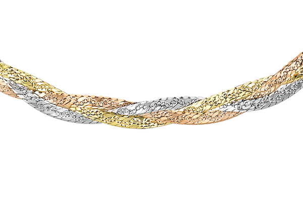 9ct 3-Colour Gold 3 Plait Diamond Cut Herringbone Necklace